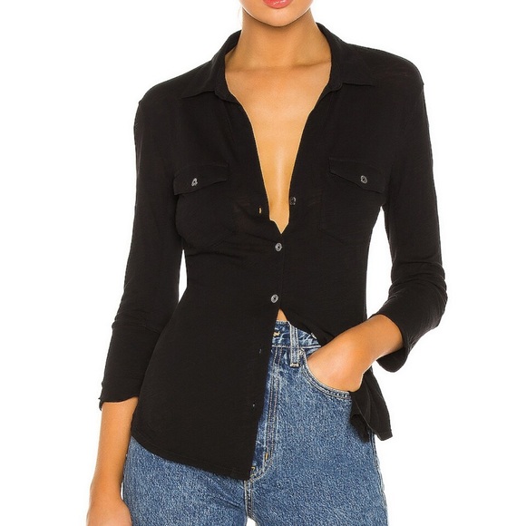 James Perse Slub Side Panel Button Front Shirt in Black Size 2 - Picture 2 of 14